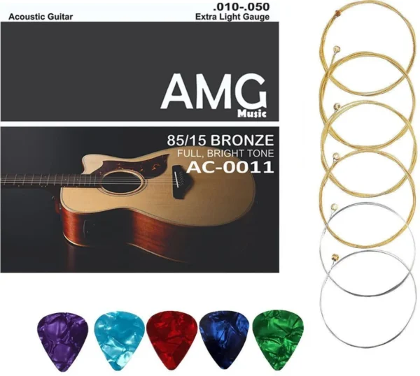 AMG Music Acoustic Guitar String for Acoustic Guitar Light Stainless Steel String Set 6 With 5 Picks
